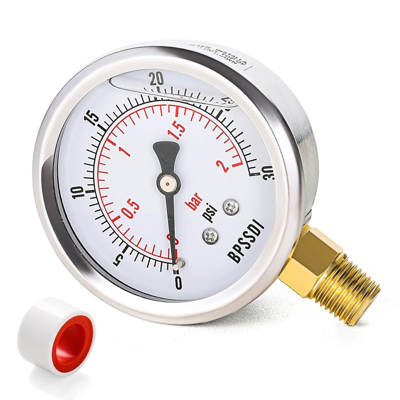 BPSSDI 0-30 Psi Glycerin Liquid Filled Low Pressure Gauge, 2.5" Dial Size, 1/4" NPT Lower Mount, 304 Stainless Steel Case, for Water Pipe, HVAC, Water Oil Air Pressure Test - Image 1